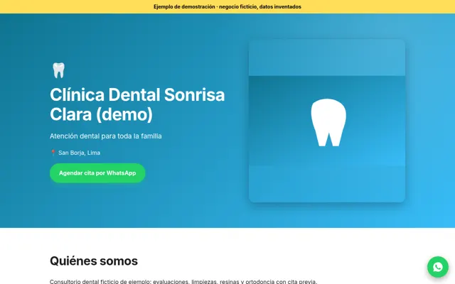 Captura de la web de ejemplo para consultorio dental