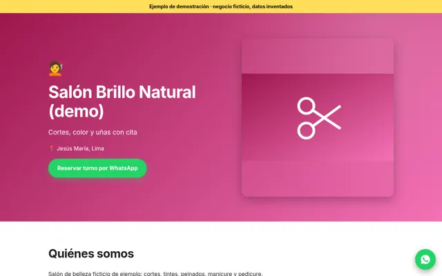 Captura de la web de ejemplo para salón de belleza
