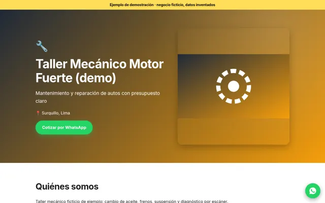 Captura de la web de ejemplo para taller mecánico